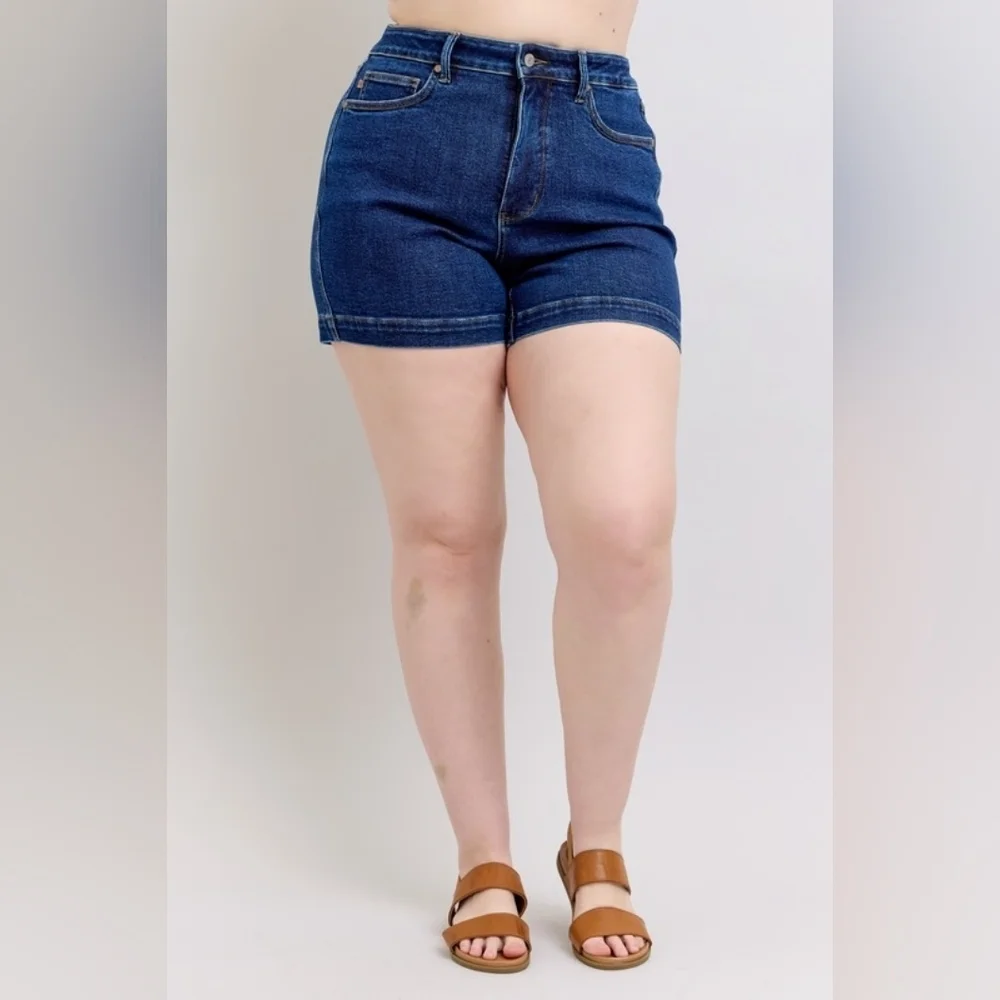 Judy Blue HR Dark Wash Tummy Control Denim Shorts Envelope Pocket Various NEW